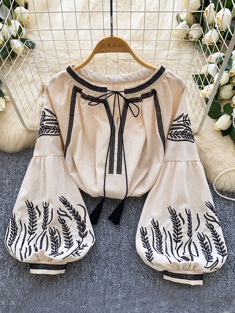 Embroidery On Shirt - Women Bohemian-style Blouse Embroidered Lantern Sleeve