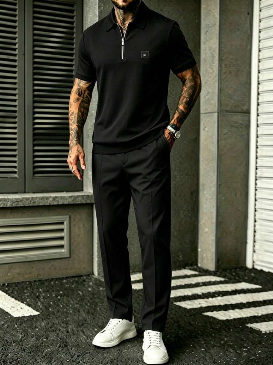 Mens Black Quarter-Sleeve Zip- - Embroidery Men Shirt ulasan dan harga